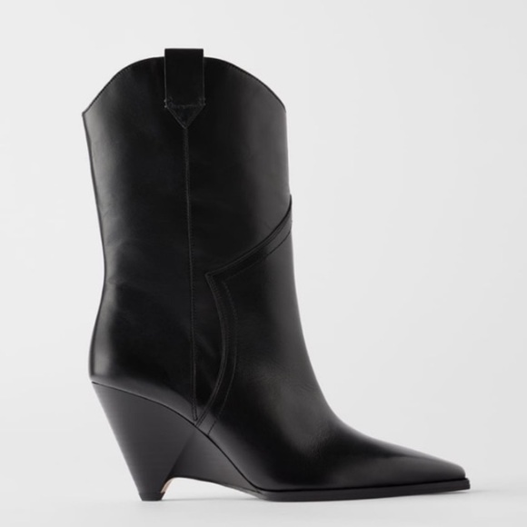 Zara Shoes Zara Black Leather Wedge Heeled Cowboy Boots Poshmark